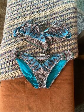Lucky Brand Teal Floral Print Ruffle Bikini